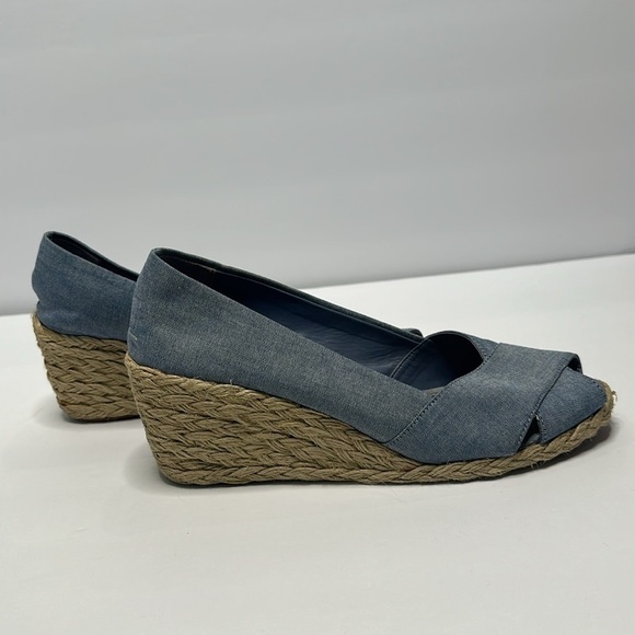 Lauren Ralph Lauren Canvas Chambray Blue Espadrilles Peep Toe Cecilia Wedges 9 - Picture 3 of 10